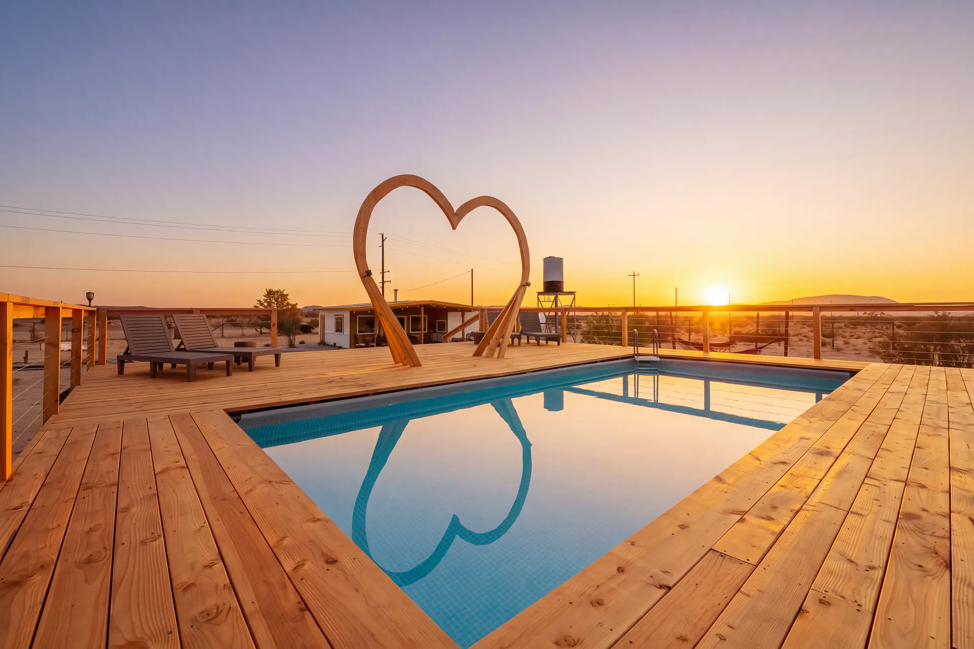Heart pool and sculpture at sunset
